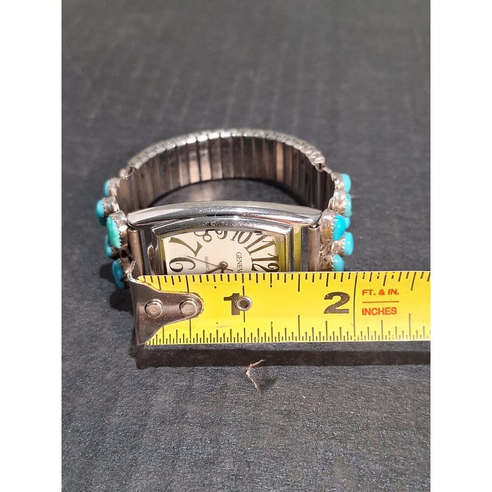 Sterling Silver Turquoise Watch Cuff w/ Geneva Quartz Watch Southwestern Runs! - Picture 8 of 11